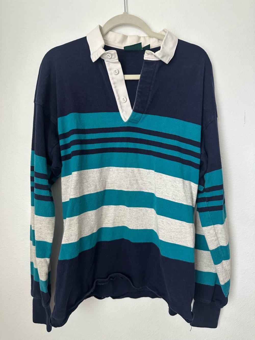 VTG American Eagle Striped Rugby Polo Shirt in Navy, Teal & Cream